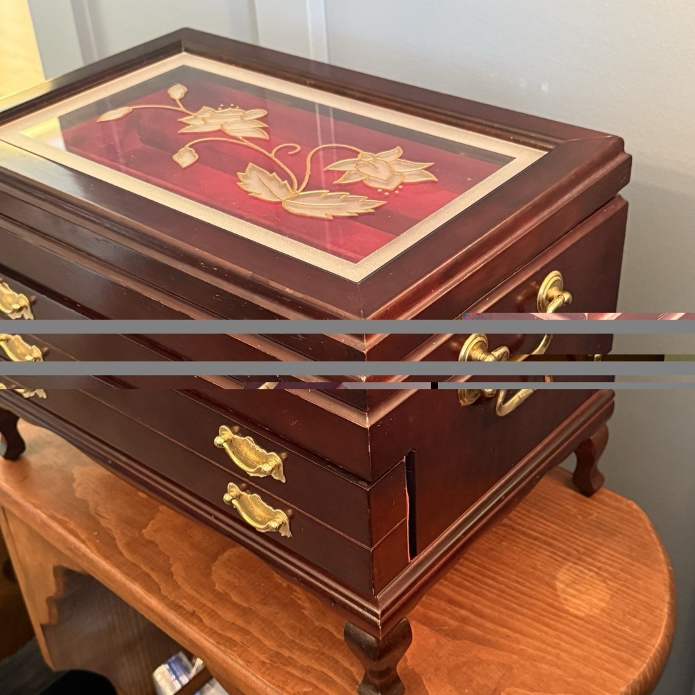 Rosalco Commodore Jewelry Box Chest Wood Etched Floral Glass Top Velvet‎ Vintage - Picture 8 of 12